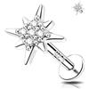 Melighting Orecchino con filettatura interna per naso, curvo, piatto, in argento Sterling 925, a forma di stella, 16 g, trago, orecchini CZ, cartilagine, gioielli da 6/8 mm