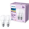 PHILIPS LED E27, confezione da 2 lampadine, equivalente a 60 W, lampadine LED smerigliate, Plastica, Luce Bianca Calda 2700K, LED a risparmio energetico con lunga durata