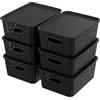 Ysmiltion Cestini portaoggetti in plastica con coperchio e manico, cestino organizer in plastica per mensole, bagno, cucina, ufficio, confezione da 6, nero