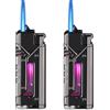 GBKDQQ Accendino a gas ricaricabile, 2 pezzi, antivento con luce a LED, accendino jet con finestra visibile, accendino a gas, fiamma in metallo, per cucina, camino, nero