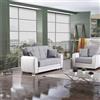 Dmora - Divano letto con penisola Pablito, Divano contenitore reversibile in ecopelle e tessuto, Sofà apertura click-clack, 163x84h91 cm, Bianco e Grigio