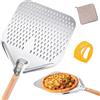 UBBOY Pala Pizza Acciaio Inox Forata, Manico in Faggio Removibile 73cm | Set con coltello, panno & attrezzi - 31×39cm paletta forata per pizza fino a 12 pollici, forno a legna, gas e barbecue