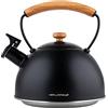 FLORINA Bollitore Acqua (2,3 l) NATURA I Bollitore da Fornello con Manico in Legno I Fischio Automatico I Adatto a Fornelli a Induzione, Gas, Elettrici I Colore: Nero