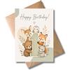 WBdesignz Biglietto di auguri per il 1° compleanno con busta, simpatico biglietto di auguri per ragazze e ragazzi, per il primo compleanno, con numero, orso, coniglio, volpe, gufo e cervo (DIN A6)