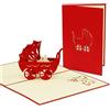 LINPopUp®, LIN17169, biglietto di auguri per nascita, biglietto di auguri per nascita, biglietto di auguri, biglietto di auguri 3D, per passeggino, cicogna, colore rosso, N91