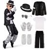 Fouvin King of Pop, costume retrò per bambini, 7 pezzi, con giacca con paillettes, pantaloni, cappello, occhiali da sole, guanti, maglietta, per Halloween, carnevale, feste a tema, 4-12 anni