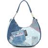 Braccialini Amy Jeans Borsa hobo in denim patchwork dalla forma a mezzaluna, rifinita con cuciture a contrasto e lavaggi differenti che creano un mix originale e dinamico. Il manico singolo in denim e