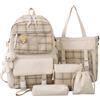 Hotainoys Set di 5 zaini carini per ragazze, zaino preppy scozzese con ciondolo con stemma, borsa per libri in tela leggera, beige, preppy