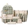 Hotainoys Set di 5 zaini carini per ragazze, zaino preppy scozzese con ciondolo con stemma, borsa per libri in tela leggera, verde, preppy