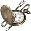 Tiong Orologio da tasca vintage in bronzo con catena, cassa incisa intricata e quadrante con numeri romani, orologio da tasca al quarzo da uomo classico retrò