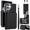 Generic Custodia a portafoglio in pelle PU per Samsung Galaxy S23 Ultra, 4 scomparti per carte di credito e 2 slot per contanti, blocco RFID, cinturino staccabile, custodia antigraffio e antiurto (nero)