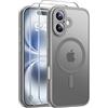 Qasyfanc Magnetica Cover per iPhone 16, Grigio | Compatibile con MagSafe,con 2 Pezzi Vetro Temperato Pellicola, Cover Clear Slim Fit Antiurto Militare Antigiallo