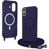 Bigcousin Magnetica Cover con Cordino per iPhone 16 Plus,[Compatibile con MagSafe], Cover in Silicone, Regolabile Cordino da Collo Nylon Catena Collana Tracolla,Blu