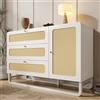 Moimhear Cassettiera con manici in rattan e oro, 120 x 40 x 85 cm, colore bianco, stile rustico, con 3 cassetti e 1 armadio per porta, ripiani regolabili in altezza e sicurezza ribaltabile