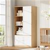 VIEKOS Armadio con ante scorrevoli, autoportante, semiaperto, con asta appendiabiti, 2 cassetti, bianco, effetto legno, 80 x 46 x 141,5 cm, molto spazio, camera da letto, naturale + bianco