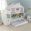 Soweiz Letto a castello con letto a rotelle, letto per bambini, appendiabiti, con bella finestra e tetto, scale con vano portaoggetti, stabile rete a doghe in pino + MDF, bianco+rosa, 90 x 200 cm