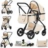 ALYIKOU Passeggino trio 3 in 1 con seggiolino auto i-Size Pieghevole, sedile reclinabile, marcia bidirezionale, cinture a 5 punti, portata 0-25 kg, 0-4 anni (Colore crema)