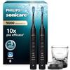 Philips Sonicare DiamondClean 9000 spazzolino elettrico sonico con app, sensore di pressione, 4 modalità di pulizia, bicchiere di ricarica, colore nero, confezione doppia, modello HX9914/54