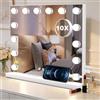 SURFOU Specchio Trucco con Luci Hollywood 50x42cm, Specchiera Make Up con 14 Lampadine LED Dimmerabili, 3 Colori Luce, Porta USB e Bluetooth, Specchio Ingranditore 10X, Da Tavolo o Parete, Bianco
