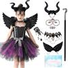 YYDSXK Costume Halloween Bambina, Strega Con Vestito Tutu Nero | Costume Da Strega Bambina Con Corna, Scettro, Ali Nere E Collana Per Halloween, Carnevale, Cosplay 2-7 Anni