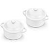 LONTOM LOMTOM - Set di 4 piccole casseruole con coperchio, 250 ml, in ceramica bianca, per crème brûlée, zuppe con manici, ciotole da portata per soufflé, farina d'avena, zuppe, stufati, utilizzabili in