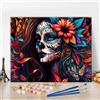 Generic Cranio ragazza pittura fai da te con i numeri, per adulti, giorno dei morti pittura acrilica con numeri, kit con pennelli, tela, regali, fiori, artigianato per la casa, 40 x 50 cm (senza cornice)