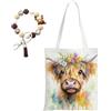HIVTE Borsa Tote in Tela a Motivo Mucca Highland con Portachiavi - Borsa da Spesa Riutilizzabile Grande capacità per Donna, Regalo di Compleanno e Natale