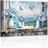 FajerminArt Oceano Blu Finestra Vista Canvas Quadri Moderni Con Cornice Fiori Blu Nel Vaso Stampe Da Parete Rilassante Paesaggio Marino Stampa Su Tela Quadro Decorazioni per Soggiorno Bagno Camera da Letto 40x60