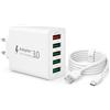HONGYEE Caricatore USB 33W, 5 Porte USBA, Caricatore Multiplo con Caricabatterie Rapido Smart QC 3.0, Spina di Alimentazione USB, Compatibile con iPhone/Tablet, con Cavo da 1 x 2 m Lungo da A a C