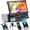 Hikity Autoradio 1 din con Schermo Retrattile, con Senza Fili Carplay e Android Auto, 7 Pollici Radio Stereo a con Vivavoce Bluetooth 2USB Type-C AUX FM Mirror Link Telecamera Retromarcia