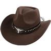 Boarle Western Cowboy Hat with Unique Bull Head Accessories Distressed Edged Outdoor Sun Protection Hat Wool Felt Multi Functional Unisex Cowboy Hat with Leather Strap (Brown