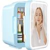 YASHE Mini Frigorifero per la Camera, Frigorifero Skincare con Specchio a LED, Piccolo Frigorifero da 4L Portatile, Riscaldatore & Raffreddatore Termoelettrico 220V AC / 12V DC per Auto, Ufficio(Blu)