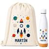 Gifters | Set Sacca Coulisse e Bottiglia Personalizzate | Razzo | Sacca per Bambini con Nome 34 × 42 cm + Borraccia in Acciaio Inox da 750 ml | Asilo Nido, Scuola e Gite