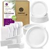 GoBeTree Stoviglie per 50 Persone (250 Pezzi) | 100 Piatti Canna da Zucchero (23cm e 18cm) & 150 Posate Riutilizzabili | Servizio Tavola Ecologico Resistente per Feste, Grigliate e Catering
