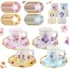 NatNarr Set di 24 tazze da tè in carta usa e getta, 200 ml, motivo floreale | Set con manico e piatti, tazze da tè e piattini, per feste in giardino, baby shower, compleanni (stile acquerello)