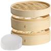 GOEDCH Vaporiera in Bambù: 21 CM 2 Piani Vaporiera Bamboo, Cestello per la Cottura a Vapore Asiatico con Coperchio e 5 Panni Antiaderenti, per Riso, Dim Sum, Verdure, Pesce, Carne, Gnocchi