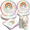 PARTY GO 100 unità di stoviglie per feste arcobaleno con testo in tedesco Schön, dass du da bist, contiene piatti di cartone da 23 cm, piatti di cartone da 18 cm, bicchieri di cartone da 9 oz e