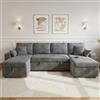 Luscriate Divano angolare a forma di U con funzione letto, divano estensibile con vano portaoggetti, doppia chaise longue, porta USB, portabicchieri e bracciolo, grigio