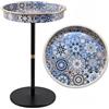 Simmer Stone Tavolino rotondo Boho da 33 cm, con vassoio profondo e bordo dorato, piedistallo a mosaico, per soggiorno, angolo di piccoli spazi, supporto per bevande, comodino bohémien, blu