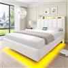 Brinlawb Letto Flottante 140x200 cm Testiera Imbottita, LED e USB, Bianco | Vano nascosto, 2 prese AC, USB-A/C, 60.000 colori RGB, modalità musica, struttura silenziosa, montaggio facile, comfort plus