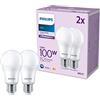 PHILIPS LED E27, confezione da 2 lampadine, equivalente a 100 W, lampadine LED smerigliate, Plastica, Luce Bianca Naturale 4000K, LED a risparmio energetico con lunga durata