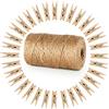 ABSOFINE Mollette di Legno, 100 Naturale Mini Clip in Legno con 100M di corda di Canapa per Foto Artigianato Matrimonio Carta Fotografica peg Pin Craft Clip