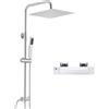 Auralum Set completo doccia con termostato, rubinetto doccia con doccia a pioggia rettangolare in acciaio inox da 25 cm, doccetta, termostato e asta doccia regolabile in altezza, set doccia cromato