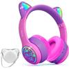 I love e iFecco IFECCO Cuffie Bluetooth per bambini senza fili con custodia - Cuffie over-ear con luci LED, orecchie da gatto, limitazione del volume a 85 dBA, microfono integrato, compatibili con iPad/tablet/scuola