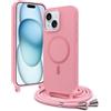 Buoluoioir Magnetica Cover per iPhone 15 6.1 con Cordino Compatibile con MagSafe Custodia Liquido Silicone Antiurto Protettiva Case con Laccio Collana Tracolla Corda,Rosa