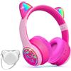 I love e iFecco IFECCO Cuffie Bluetooth per bambini senza fili con custodia - Cuffie over-ear con luci LED, orecchie da gatto, limitazione del volume a 85 dBA, microfono integrato, compatibili con iPad/tablet/scuola