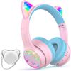 I love e iFecco IFECCO Cuffie Bluetooth per bambini senza fili con custodia - Cuffie over-ear con luci LED, orecchie da gatto, limitazione del volume a 85 dBA, microfono integrato, compatibili con iPad/tablet/scuola