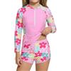 JiAmy Costume da bagno da bambina, due pezzi, a maniche lunghe, con pantaloncini, mezza cerniera, sportivo, con stampa, per bambine da 3 a 12 anni
