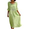 Generisch Abito estivo da donna in lino con scollo rotondo, in cotone e lino, con maniche a 3/4, casual, con stampa, linea ad A, per il tempo libero
