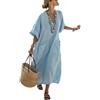 Generico Boho Caftano Vestito Lungo Donna - Estate Elegante Scollo V Mezze Maniche Lino Stampa vestibilità Ampia con Tasche Abito Spiaggia Vacanza Casual Chic Leggero Traspirante